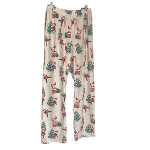 Sheilay Women's Holiday Santa Reindeer Pajama Pants Ivory with Print Sz L